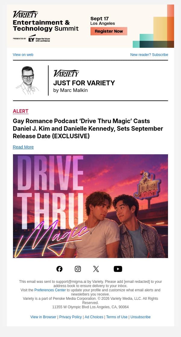 Gay Romance Podcast ‘Drive Thru Magic’ Casts Daniel J. Kim and Danielle Kennedy, Sets September Release Date (EXCLUSIVE) email from Variety screenshot