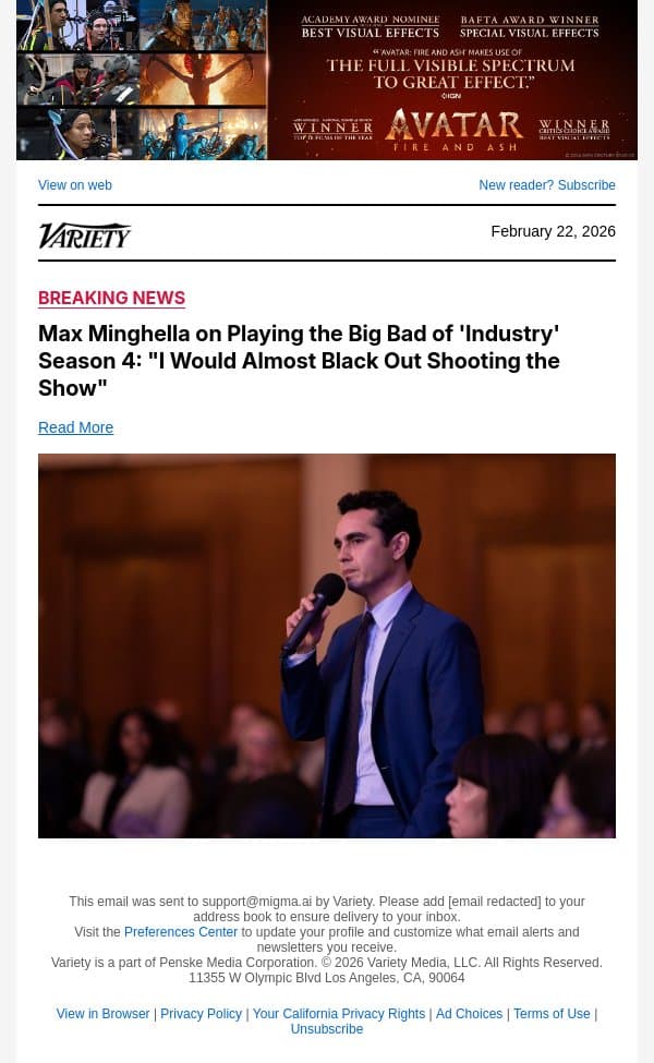 Max Minghella on Playing the Big Bad of 'Industry' Season 4: "I Would Almost Black Out Shooting the Show" email from Variety screenshot