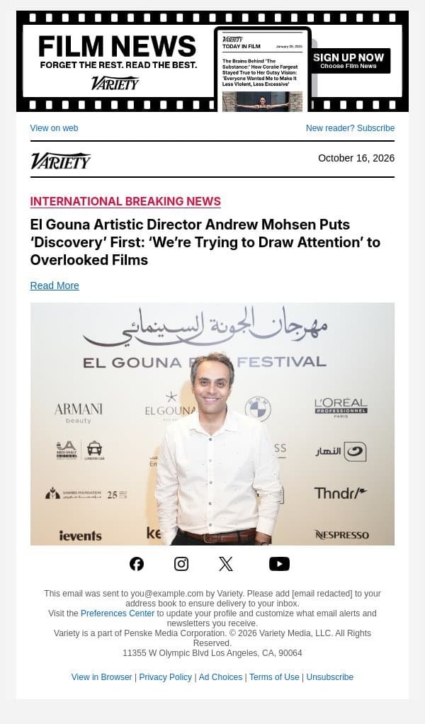 El Gouna Artistic Director Andrew Mohsen Puts ‘Discovery’ First: ‘We’re Trying to Draw Attention’ to Overlooked Films email from Variety screenshot