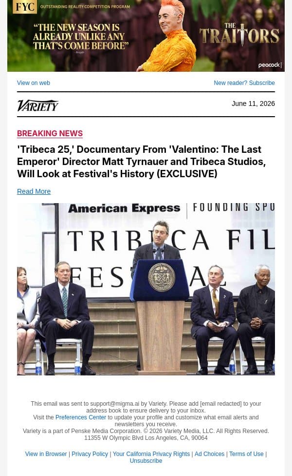 'Tribeca 25,' Documentary From 'Valentino: The Last Emperor' Director Matt Tyrnauer and Tribeca Studios, Will Look at Festival's History (EXCLUSIVE) email from Variety screenshot