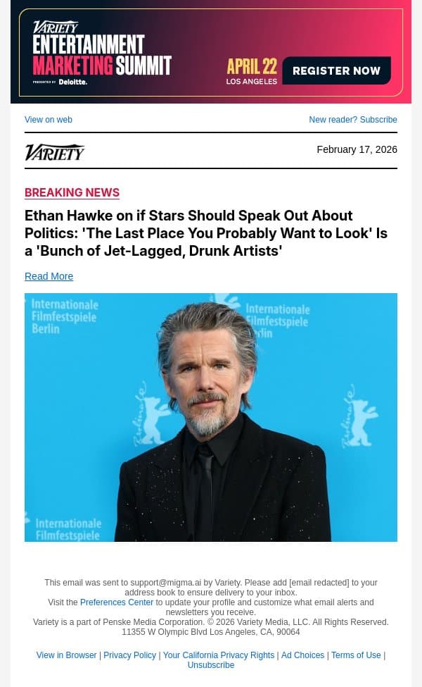 Ethan Hawke on if Stars Should Speak Out About Politics: 'The Last Place You Probably Want to Look' Is a 'Bunch of Jet-Lagged, Drunk Artists' email from Variety screenshot