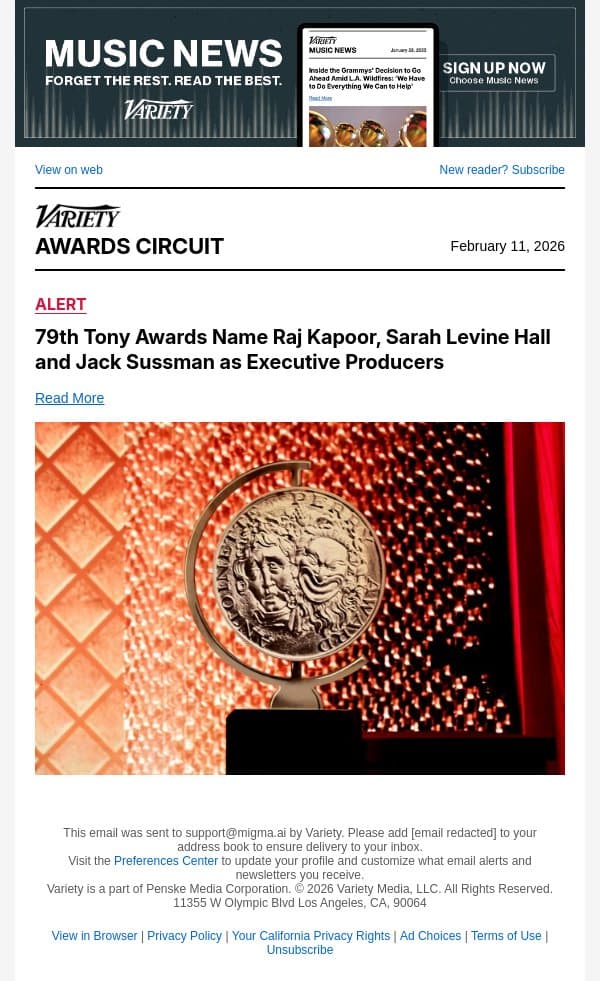79th Tony Awards Name Raj Kapoor, Sarah Levine Hall and Jack Sussman as Executive Producers email from Variety screenshot