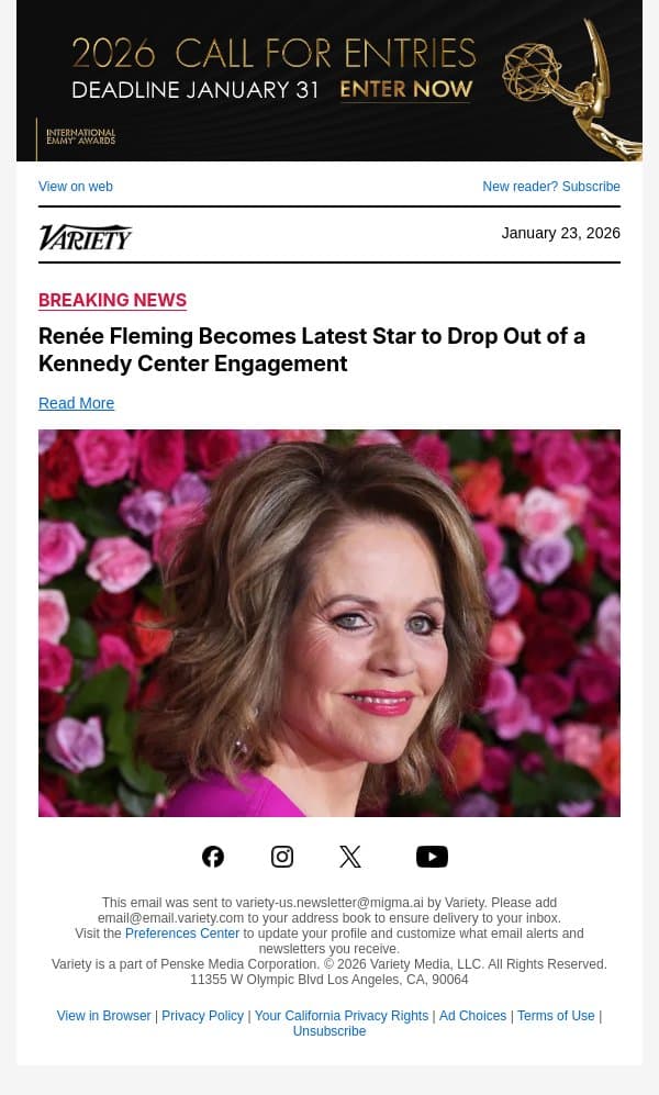 Renée Fleming Becomes Latest Star to Drop Out of a Kennedy Center Engagement email from Variety screenshot