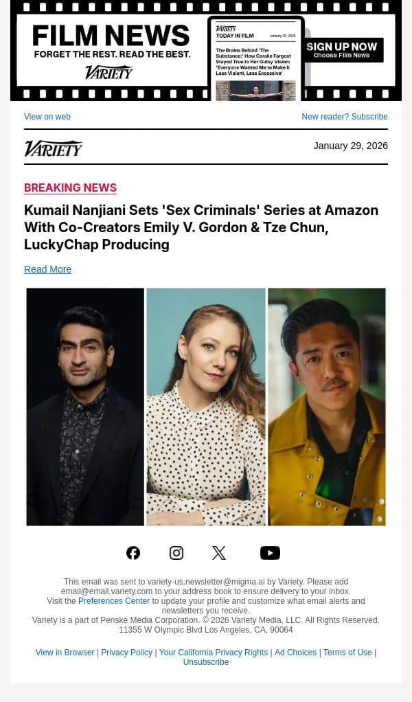 Kumail Nanjiani Sets 'Sex Criminals' Series at Amazon With Co-Creators Emily V. Gordon and Tze Chun, LuckyChap Producing email from Variety screenshot
