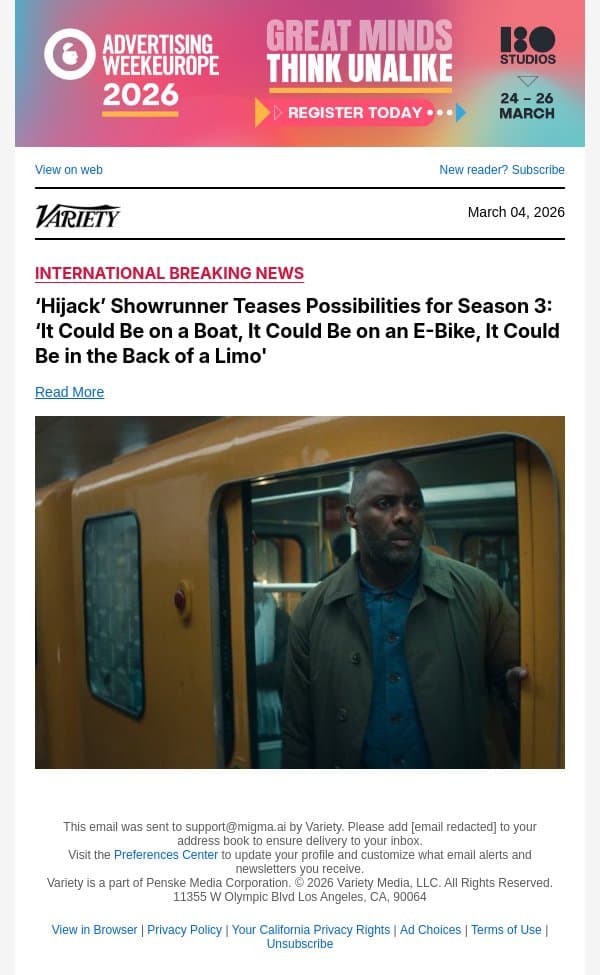 ‘Hijack’ Showrunner Teases Possibilities for Season 3: ‘It Could Be on a Boat, It Could Be on an E-Bike, It Could Be in the Back of a Limo' email from Variety screenshot