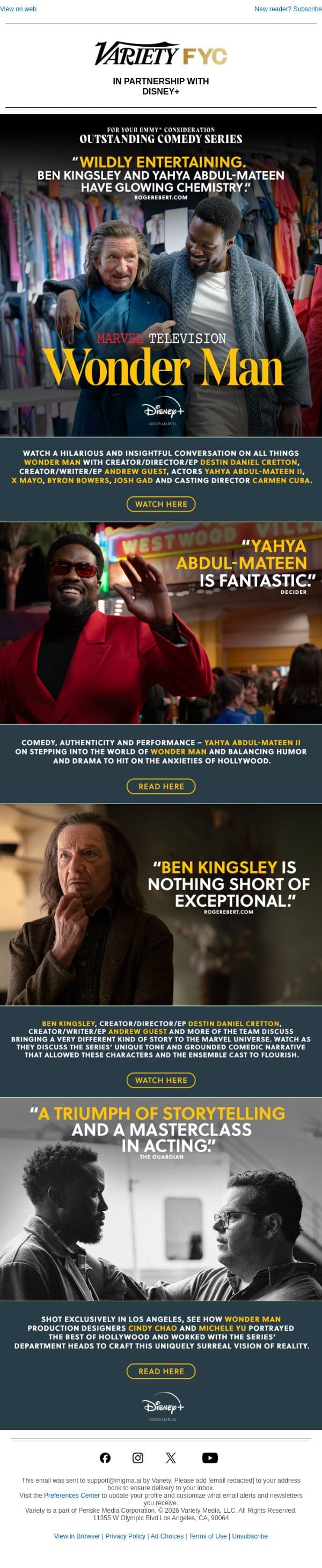 WONDER MAN - “A Love Letter to the Art of Acting…a Triumph of Storytelling” | FYC in All Categories including Outstanding Comedy Series email from Variety screenshot