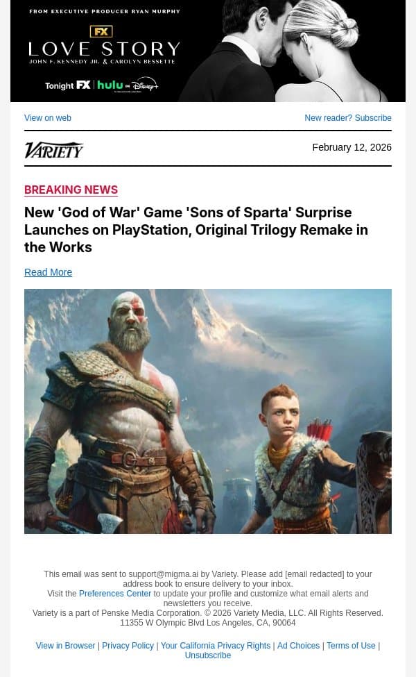 New 'God of War' Game 'Sons of Sparta' Surprise Launches on PlayStation, Original Trilogy Remake in the Works email from Variety screenshot