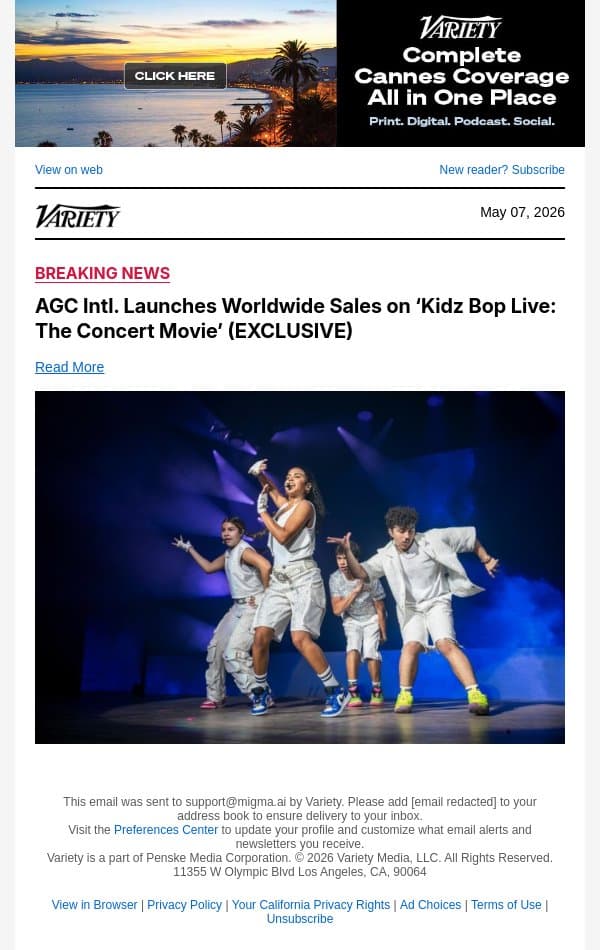 AGC Intl. Launches Worldwide Sales on ‘Kidz Bop Live: The Concert Movie’ (EXCLUSIVE) email from Variety screenshot