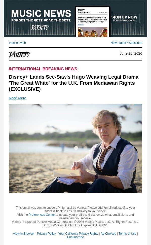 Disney+ Lands See-Saw's Hugo Weaving Legal Drama 'The Great White' for the U.K. From Mediawan Rights (EXCLUSIVE) email from Variety screenshot