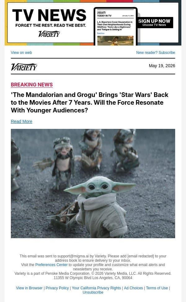 'The Mandalorian and Grogu' Brings 'Star Wars' Back to the Movies After 7 Years. Will the Force Resonate With Younger Audiences? email from Variety screenshot
