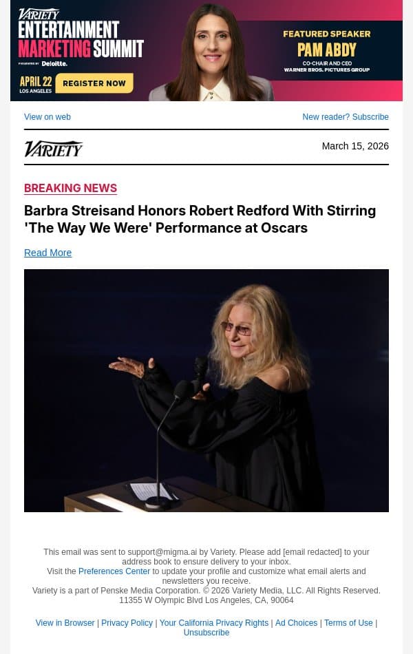 Barbra Streisand Honors Robert Redford With Stirring 'The Way We Were' Performance at Oscars email from Variety screenshot