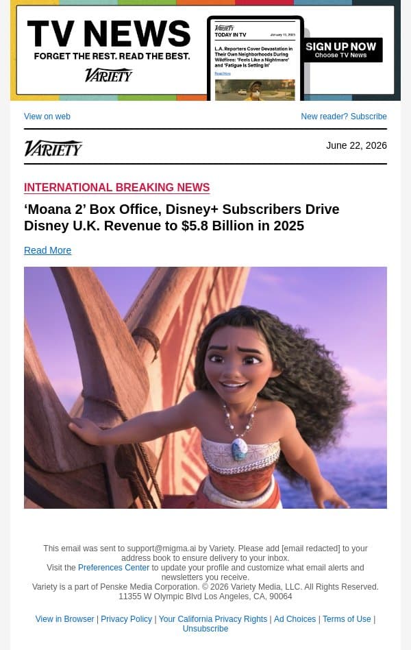 ‘Moana 2’ Box Office, Disney+ Subscribers Drive Disney U.K. Revenue to $5.8 Billion in 2025 email from Variety screenshot