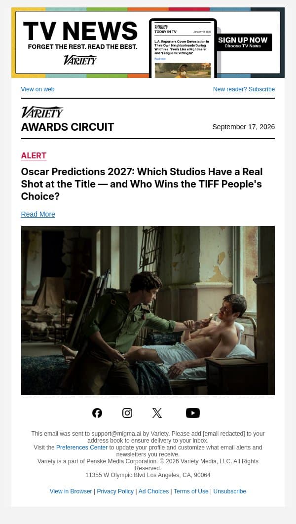 Oscar Predictions 2027: Which Studios Have a Real Shot at the Title — and Who Wins the TIFF People's Choice? email from Variety screenshot