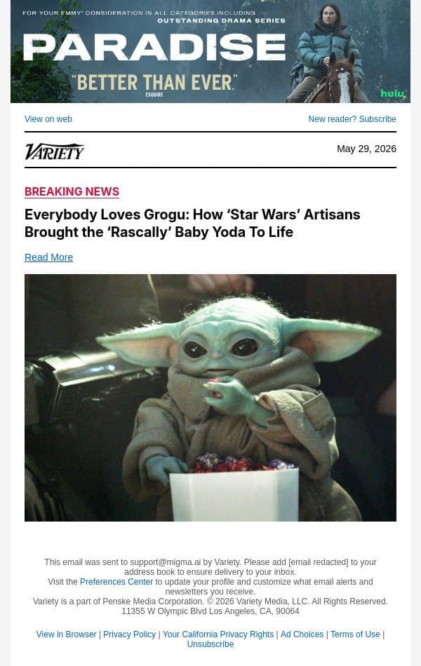 Everybody Loves Grogu: How ‘Star Wars’ Artisans Brought the ‘Rascally’ Baby Yoda To Life email from Variety screenshot