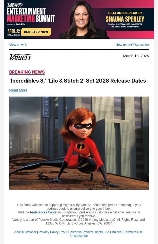 'Incredibles 3,' 'Lilo and Stitch 2' Set 2028 Release Dates email from Variety screenshot