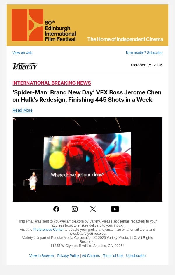 ‘Spider-Man: Brand New Day’ VFX Boss Jerome Chen on Hulk’s Redesign, Finishing 445 Shots in a Week email from Variety screenshot