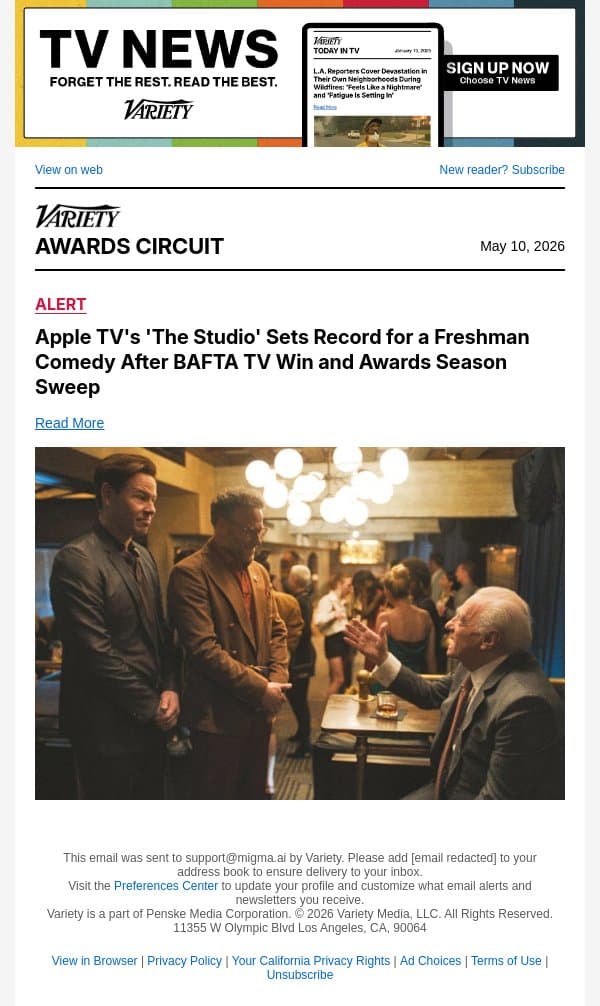 Apple TV's 'The Studio' Sets Record for a Freshman Comedy After BAFTA TV Win and Awards Season Sweep email from Variety screenshot