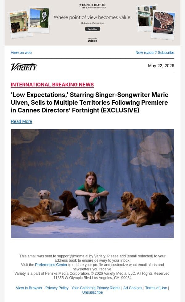 'Low Expectations,' Starring Singer-Songwriter Marie Ulven, Sells to Multiple Territories Following Premiere in Cannes Directors’ Fortnight (EXCLUSIVE) email from Variety screenshot