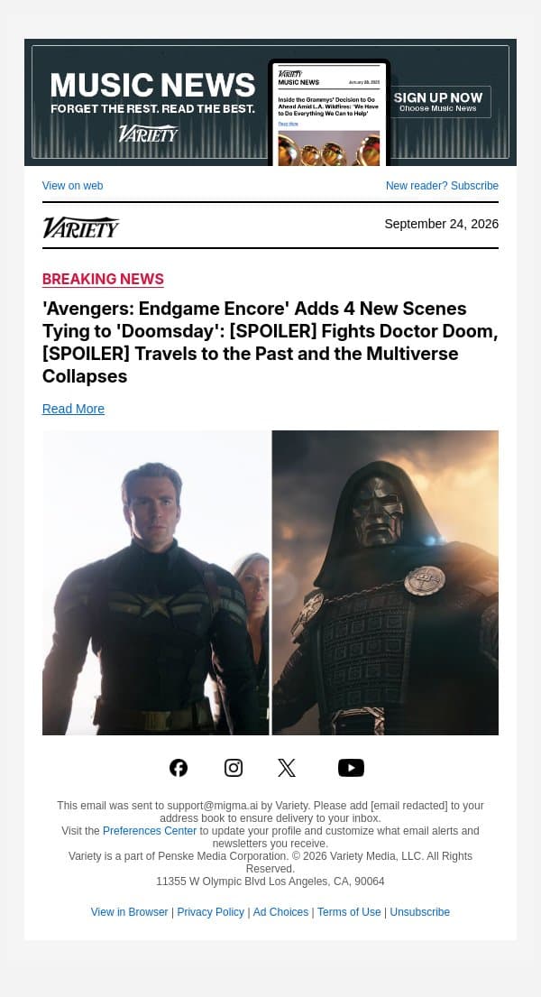 'Avengers: Endgame Encore' Adds 4 New Scenes Tying to 'Doomsday': [SPOILER] Fights Doctor Doom, [SPOILER] Travels to the Past and the Multiverse Collapses email from Variety screenshot