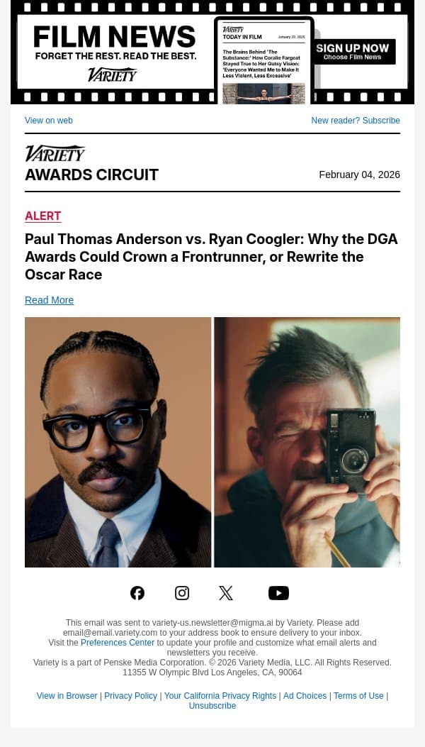 Paul Thomas Anderson vs. Ryan Coogler: Why the DGA Awards Could Crown a Frontrunner, or Rewrite the Oscar Race email from Variety screenshot