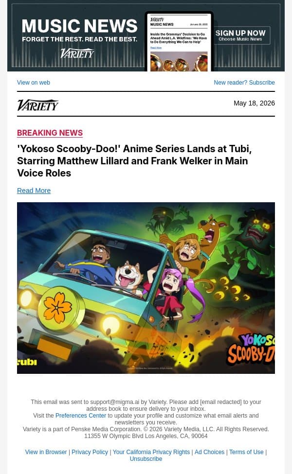 'Yokoso Scooby-Doo!' Anime Series Lands at Tubi, Starring Matthew Lillard and Frank Welker in Main Voice Roles email from Variety screenshot