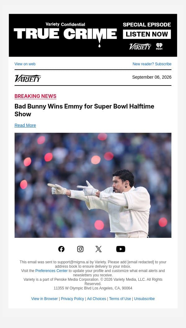 Bad Bunny Wins Emmy for Super Bowl Halftime Show email from Variety screenshot