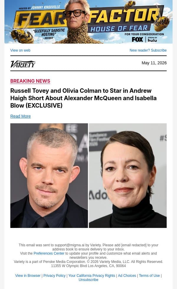 Russell Tovey and Olivia Colman to Star in Andrew Haigh Short About Alexander McQueen and Isabella Blow (EXCLUSIVE) email from Variety screenshot
