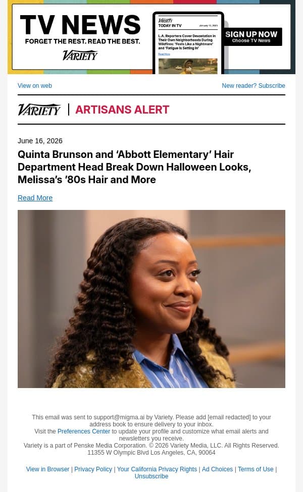 Quinta Brunson and ‘Abbott Elementary’ Hair Department Head Break Down Halloween Looks, Melissa’s ’80s Hair and More email from Variety screenshot