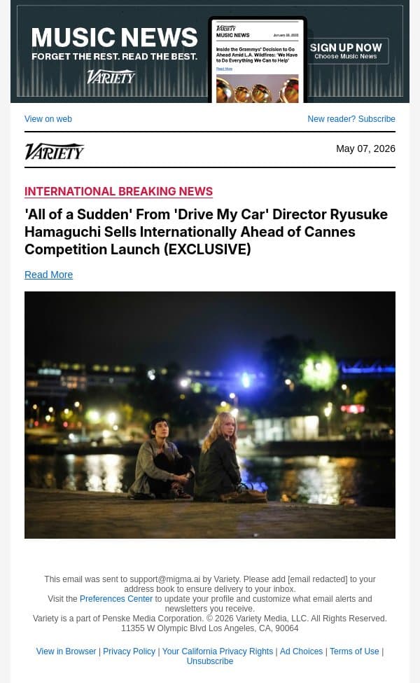'All of a Sudden' From 'Drive My Car' Director Ryusuke Hamaguchi Sells Internationally Ahead of Cannes Competition Launch (EXCLUSIVE) email from Variety screenshot