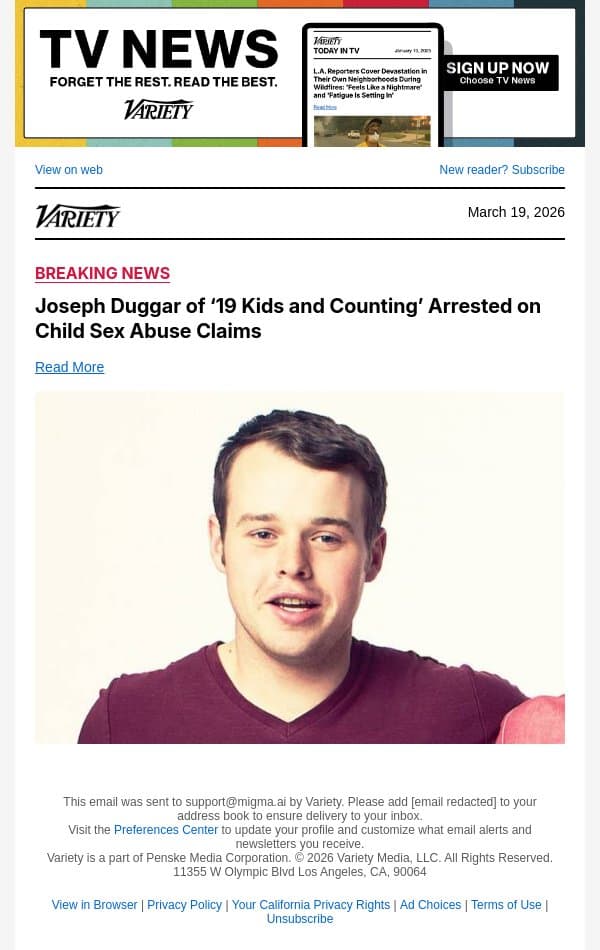 Joseph Duggar of ‘19 Kids and Counting’ Arrested on Child Sex Abuse Claims email from Variety screenshot