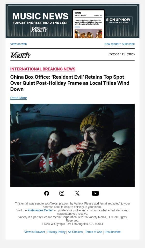China Box Office: ‘Resident Evil’ Retains Top Spot Over Quiet Post-Holiday Frame as Local Titles Wind Down email from Variety screenshot