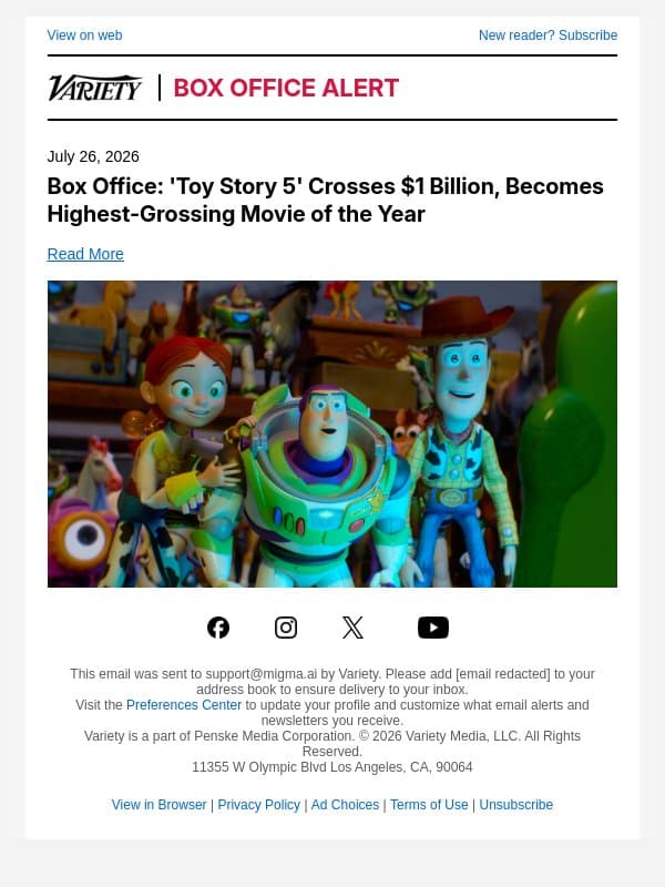 Box Office: 'Toy Story 5' Crosses $1 Billion, Becomes Highest-Grossing Movie of the Year email from Variety screenshot