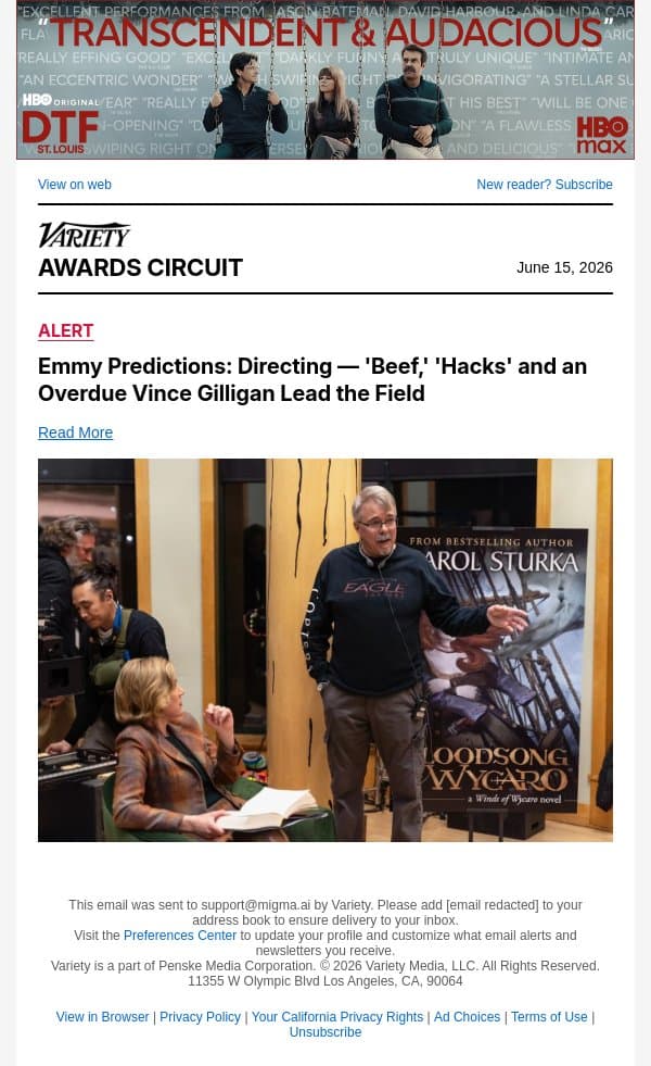 Emmy Predictions: Directing — 'Beef,' 'Hacks' and an Overdue Vince Gilligan Lead the Field email from Variety screenshot