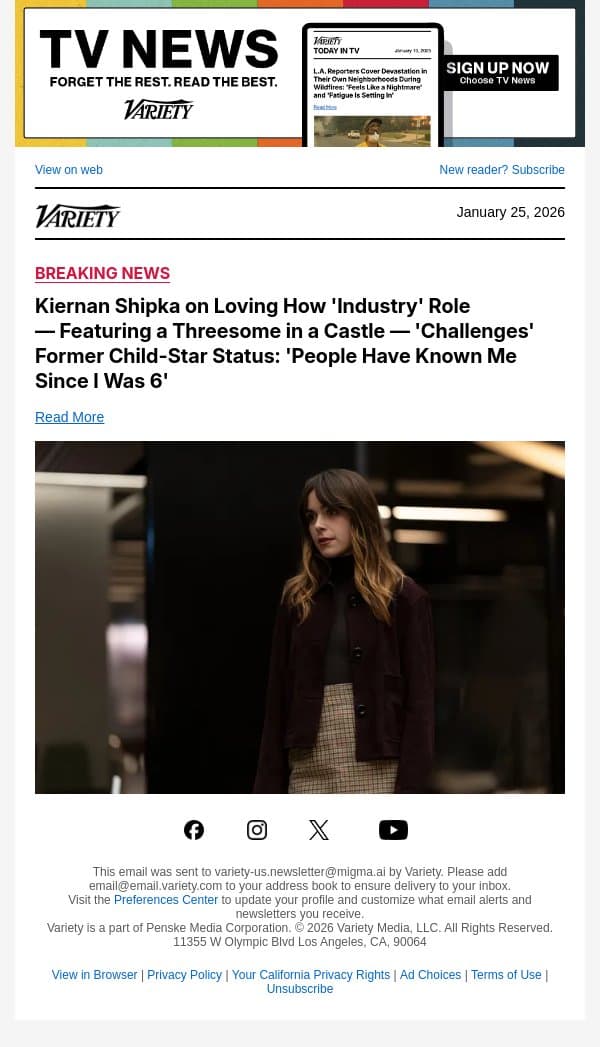 Kiernan Shipka on Loving How 'Industry' Role — Featuring a Threesome in a Castle — 'Challenges' Former Child-Star Status: 'People Have Known Me Since I Was 6' email from Variety screenshot
