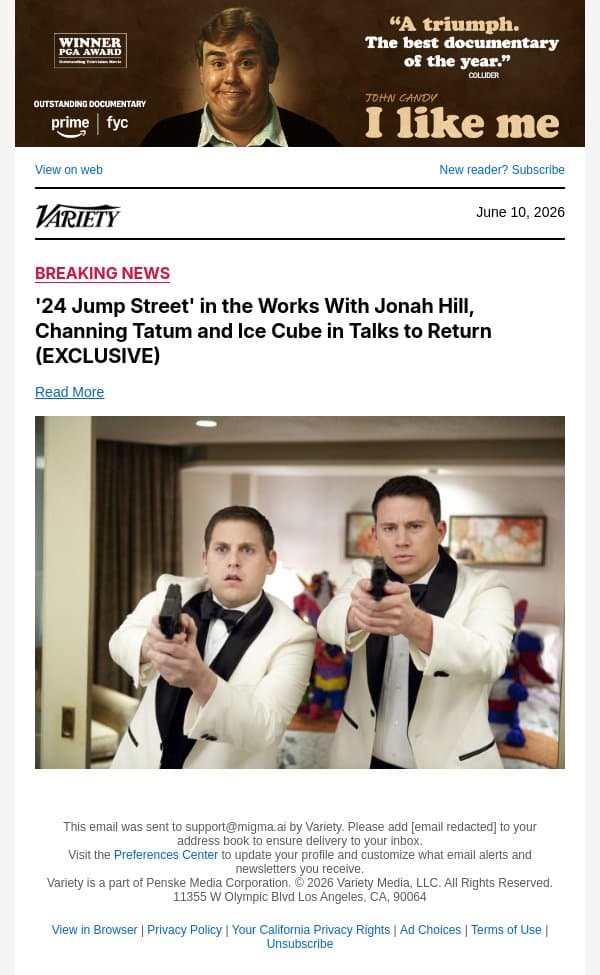 '24 Jump Street' in the Works With Jonah Hill, Channing Tatum and Ice Cube in Talks to Return (EXCLUSIVE) email from Variety screenshot