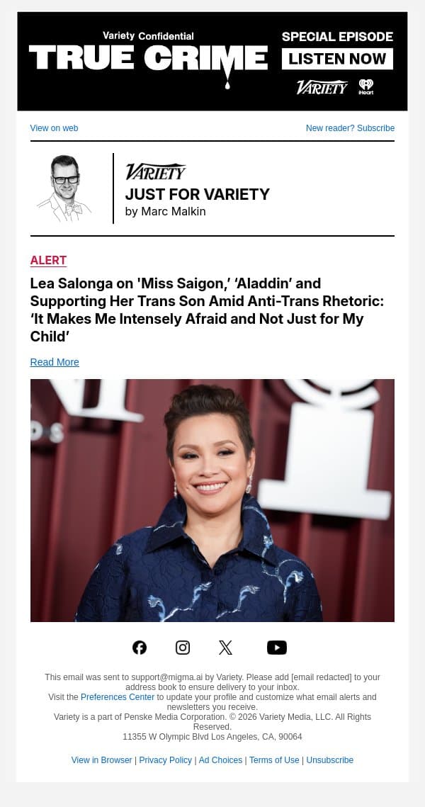 Lea Salonga on 'Miss Saigon,’ ‘Aladdin’ and Supporting Her Trans Son Amid Anti-Trans Rhetoric: ‘It Makes Me Intensely Afraid and Not Just for My Child’ email from Variety screenshot