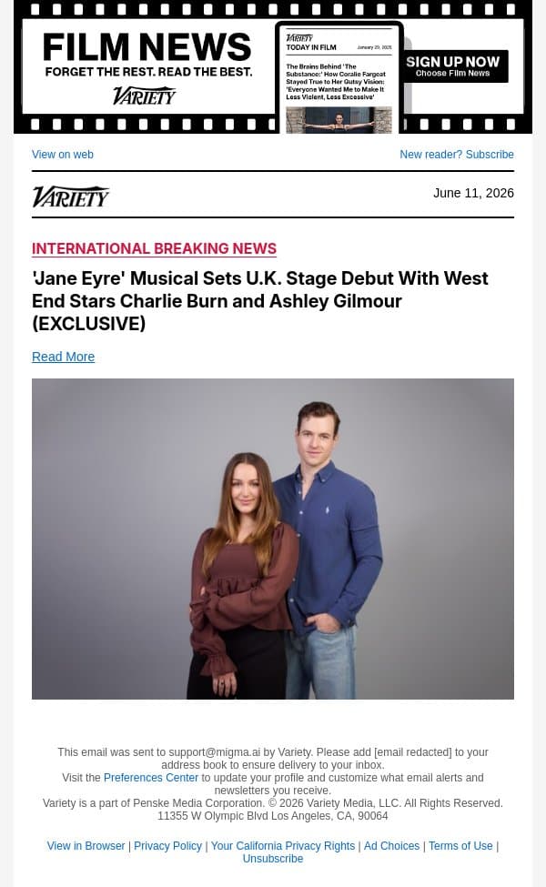 'Jane Eyre' Musical Sets U.K. Stage Debut With West End Stars Charlie Burn and Ashley Gilmour (EXCLUSIVE) email from Variety screenshot