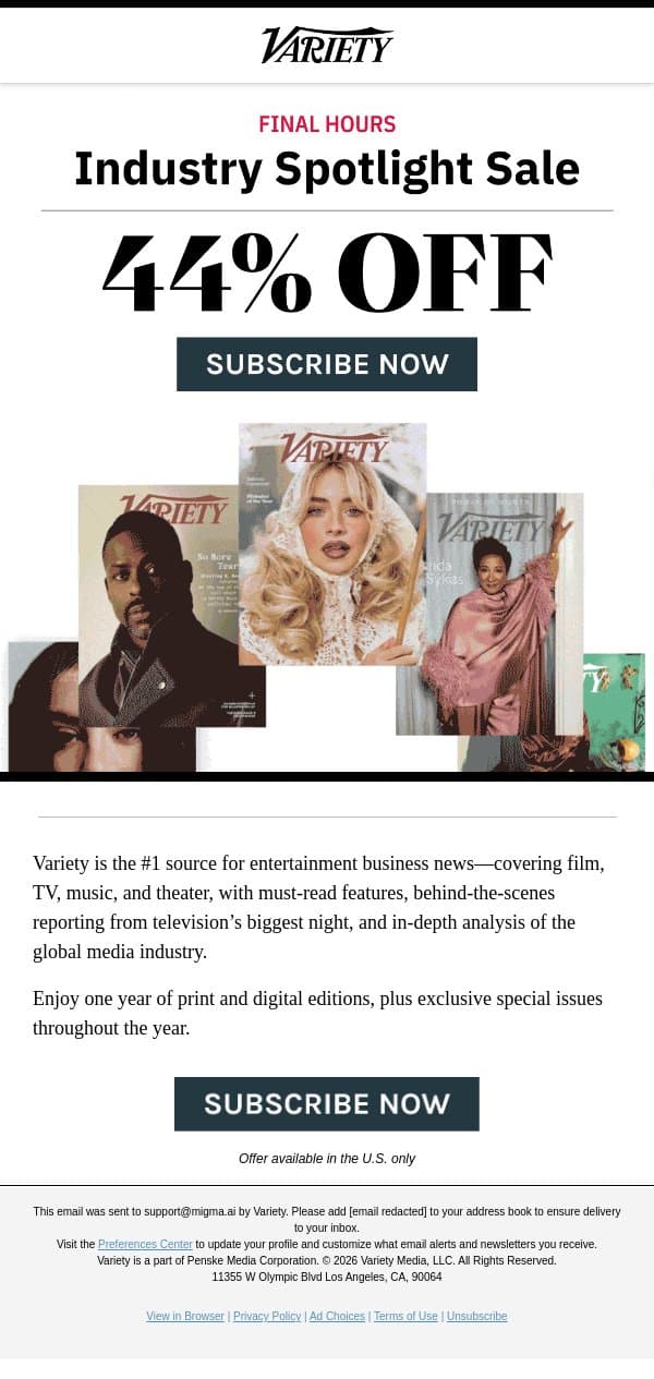Final Hours: Save 44% on Variety’s Biggest Night Coverage. email from Variety screenshot