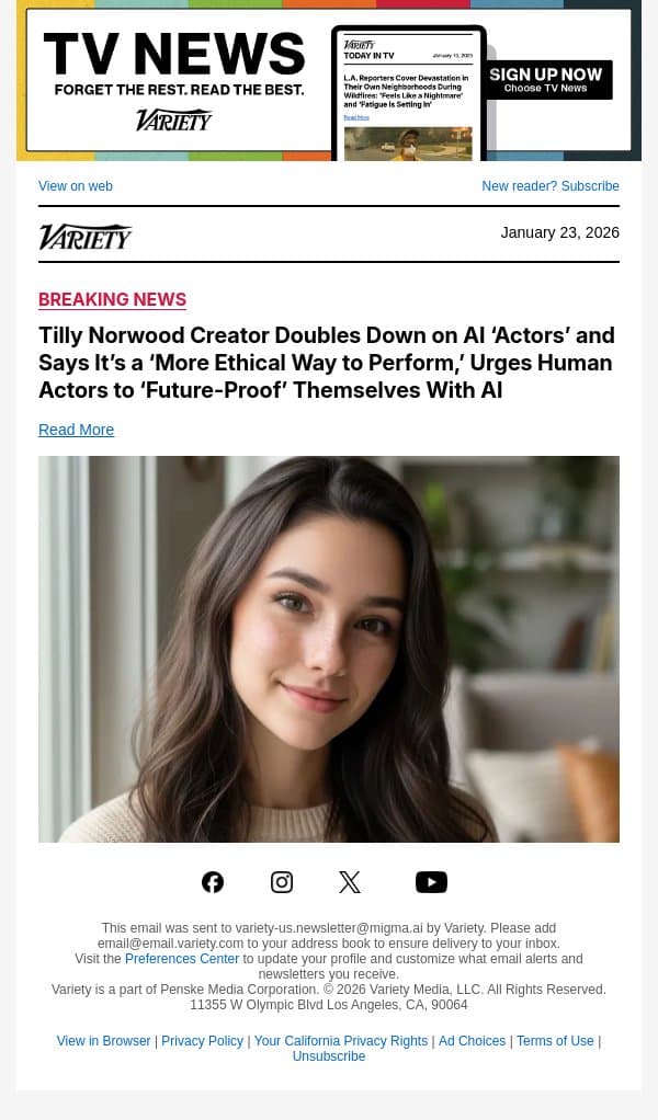 Tilly Norwood Creator Doubles Down on AI ‘Actors’ and Says It’s a ‘More Ethical Way to Perform,’ Urges Human Actors to ‘Future-Proof’ Themselves With AI email from Variety screenshot