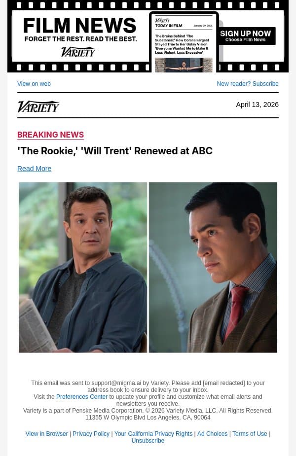 'The Rookie,' 'Will Trent' Renewed at ABC email from Variety screenshot