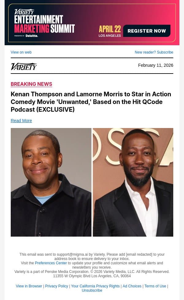 Kenan Thompson and Lamorne Morris to Star in Action Comedy Movie 'Unwanted,' Based on the Hit QCode Podcast (EXCLUSIVE) email from Variety screenshot