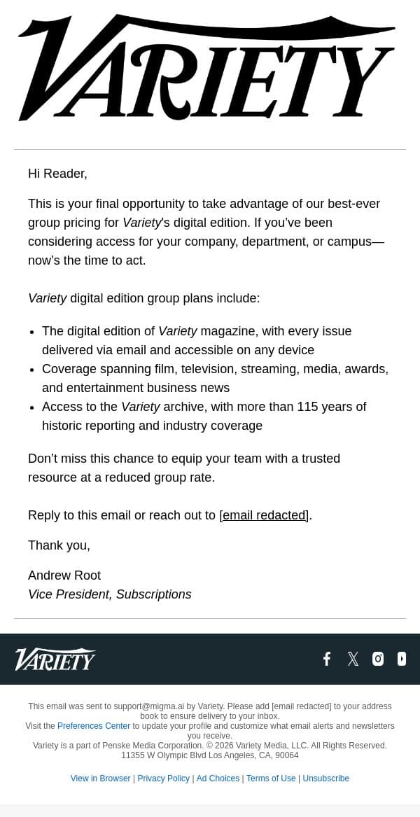 Final days to lock in Variety digital edition group access at discounted rates. email from Variety screenshot