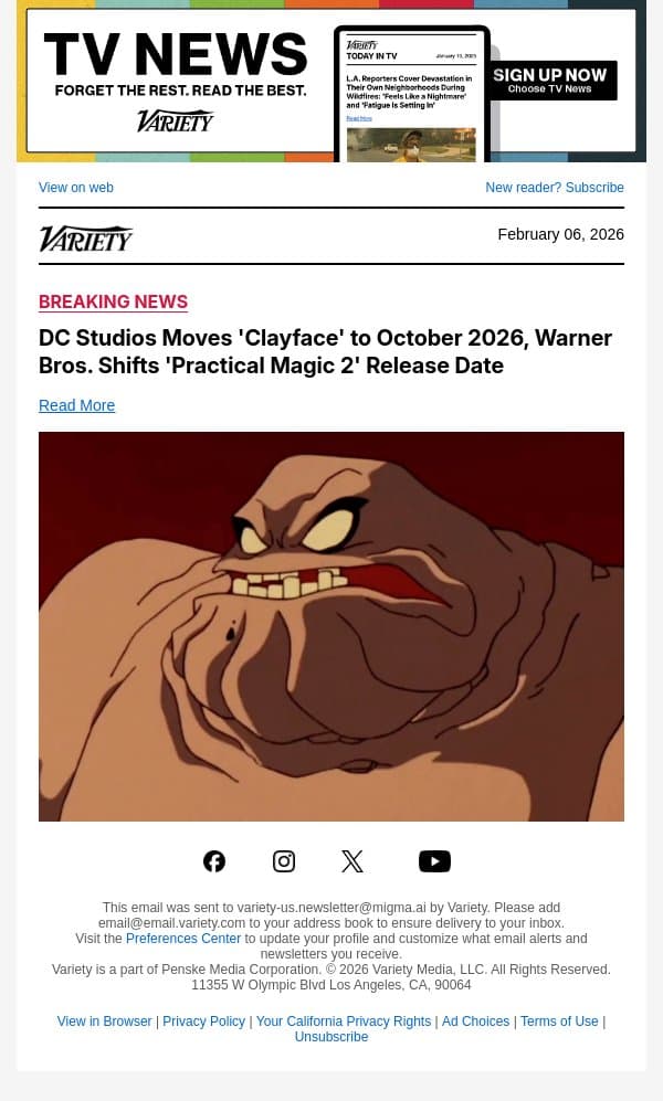 DC Studios Moves 'Clayface' to October 2026, Warner Bros. Shifts 'Practical Magic 2' Release Date email from Variety screenshot