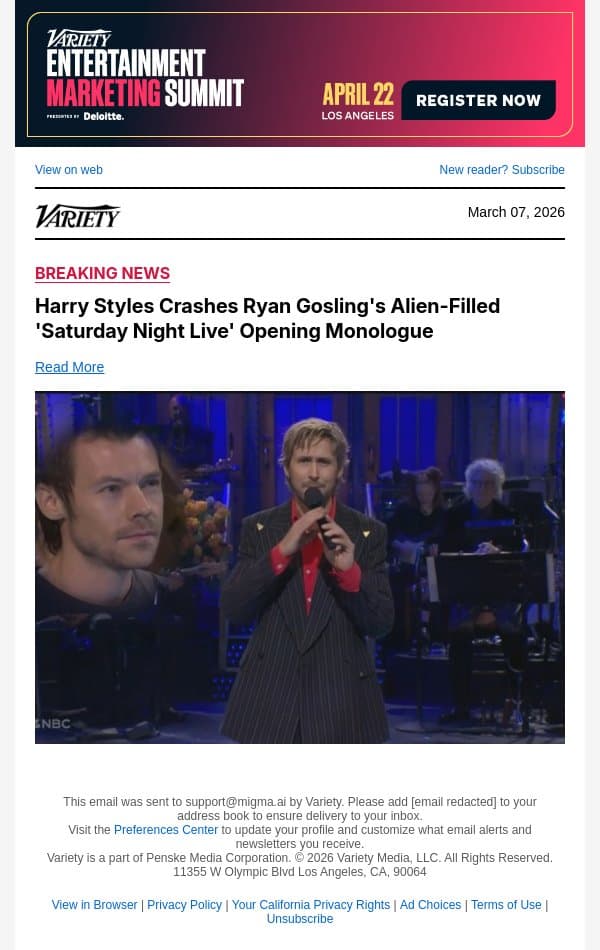 Harry Styles Crashes Ryan Gosling's Alien-Filled 'Saturday Night Live' Opening Monologue email from Variety screenshot