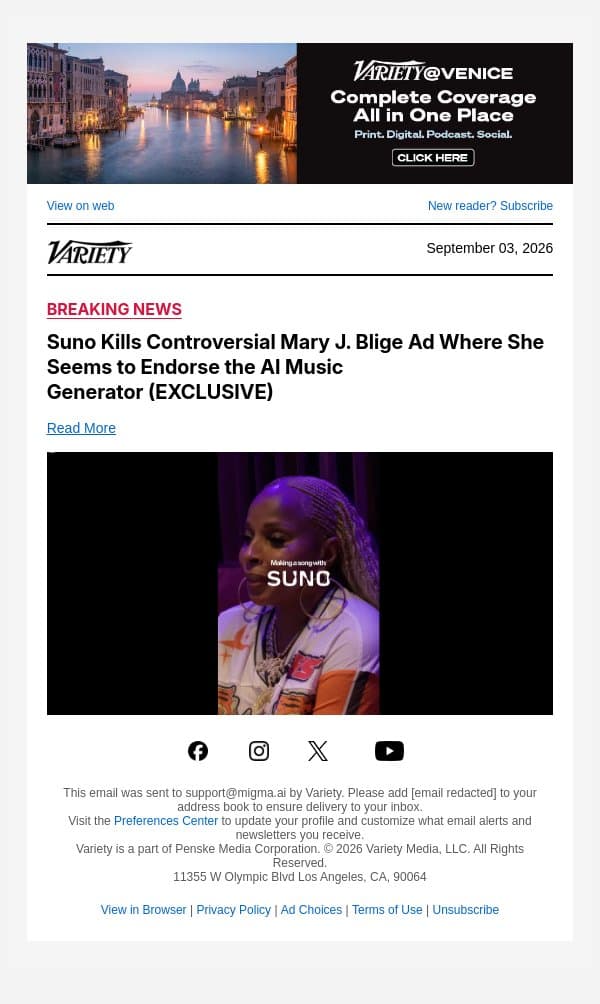 Suno Kills Controversial Mary J. Blige Ad Where She Seems to Endorse the AI Music Generator (EXCLUSIVE) email from Variety screenshot