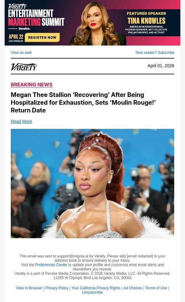 Megan Thee Stallion ‘Recovering’ After Being Hospitalized for Exhaustion, Sets 'Moulin Rouge!' Return Date email from Variety screenshot