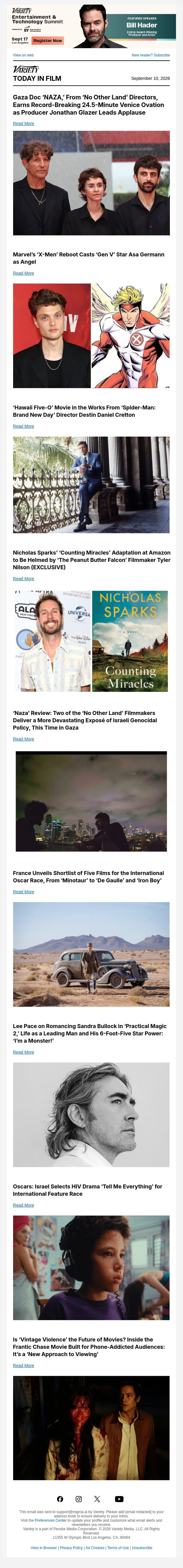 'NAZA' Doc Sets Venice Ovation Record; 'X-Men' Casts 'Gen V' Star as Angel; 'Hawaii Five-O' Movie in the Works With 'Spider-Man' Director email from Variety screenshot