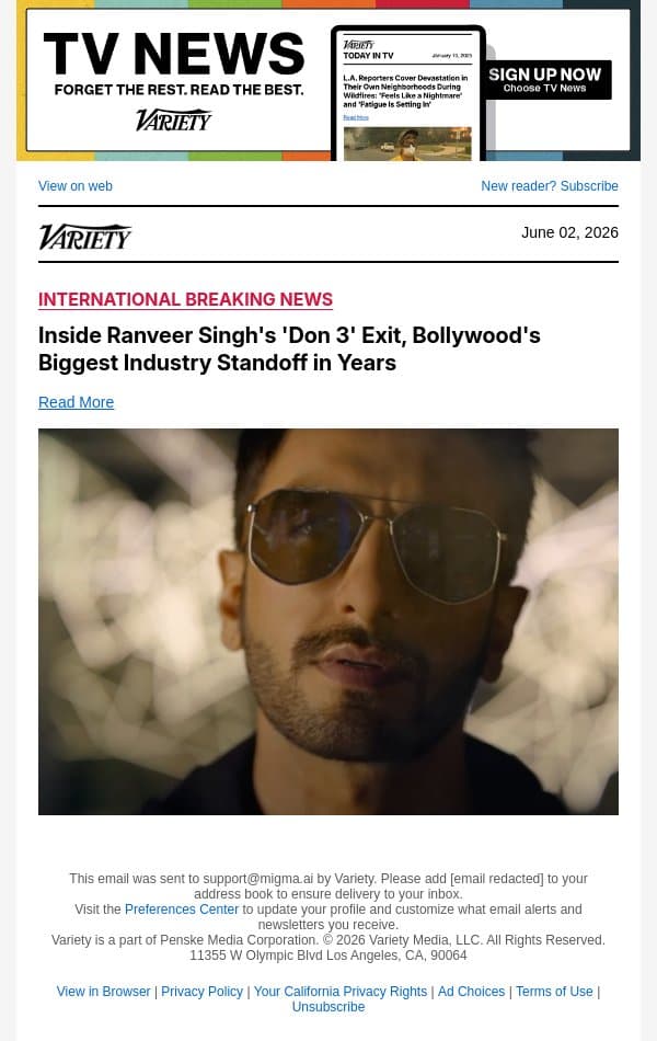 Inside Ranveer Singh's 'Don 3' Exit, Bollywood's Biggest Industry Standoff in Years email from Variety screenshot