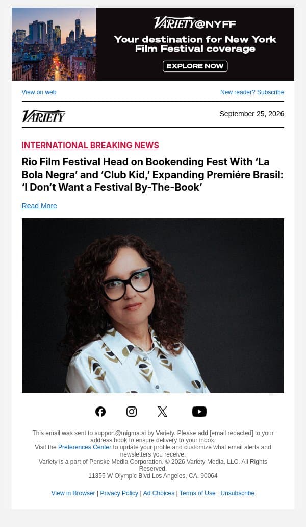 Rio Film Festival Head on Bookending Fest With ‘La Bola Negra’ and ‘Club Kid,’ Expanding Premiére Brasil: ‘I Don’t Want a Festival By-The-Book’ email from Variety screenshot
