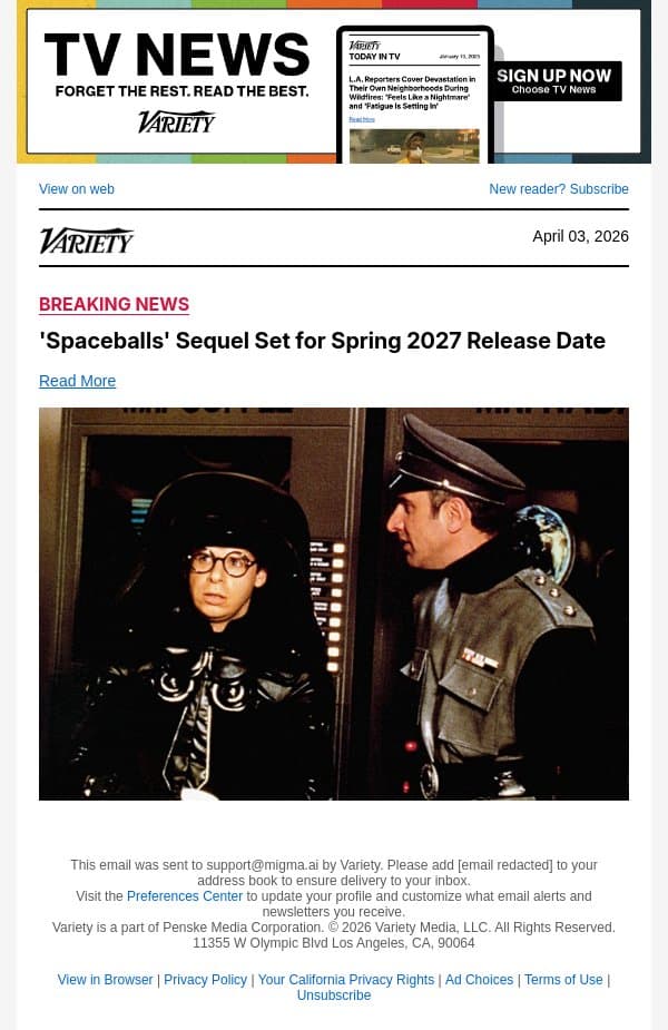 'Spaceballs' Sequel Set for Spring 2027 Release Date email from Variety screenshot